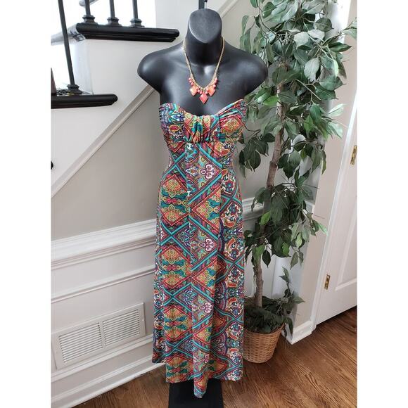 Hypnotik Strapless Boho Maxi Dress Multicolor Paisley Geometric Print Size M - Picture 2 of 10